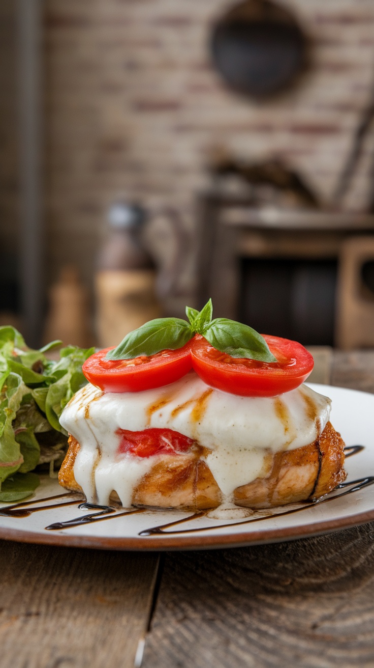 Caprese stuffed chicken breast with melted mozzarella, fresh basil, and sliced tomatoes, garnished with balsamic glaze.